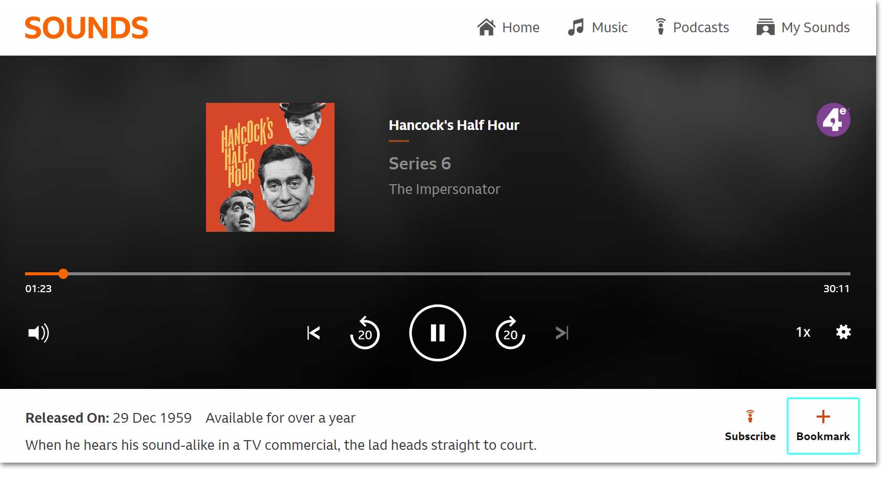 Screenshot of the playback screen on the BBC Sounds website with the 'Bookmark' button highlighted on the bottom right