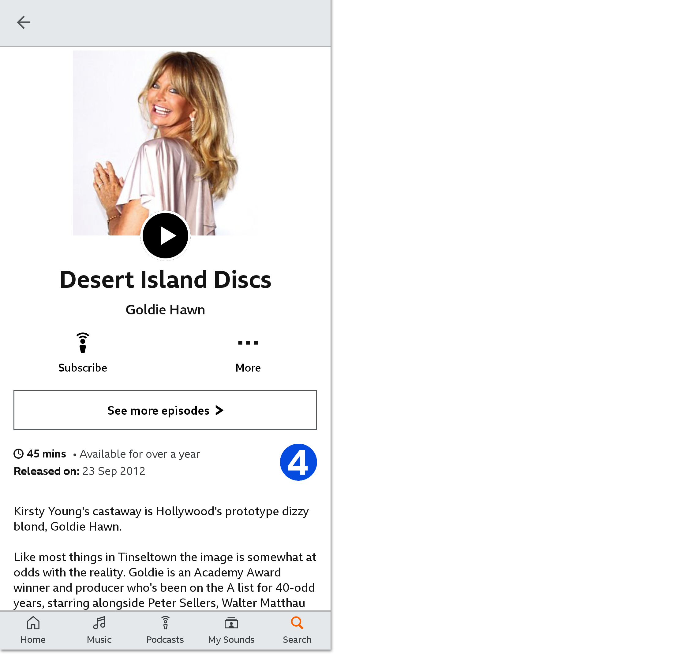 Image of an episode page of Desert Island Discs on the BBC Sounds app. There is no download option on the episode.