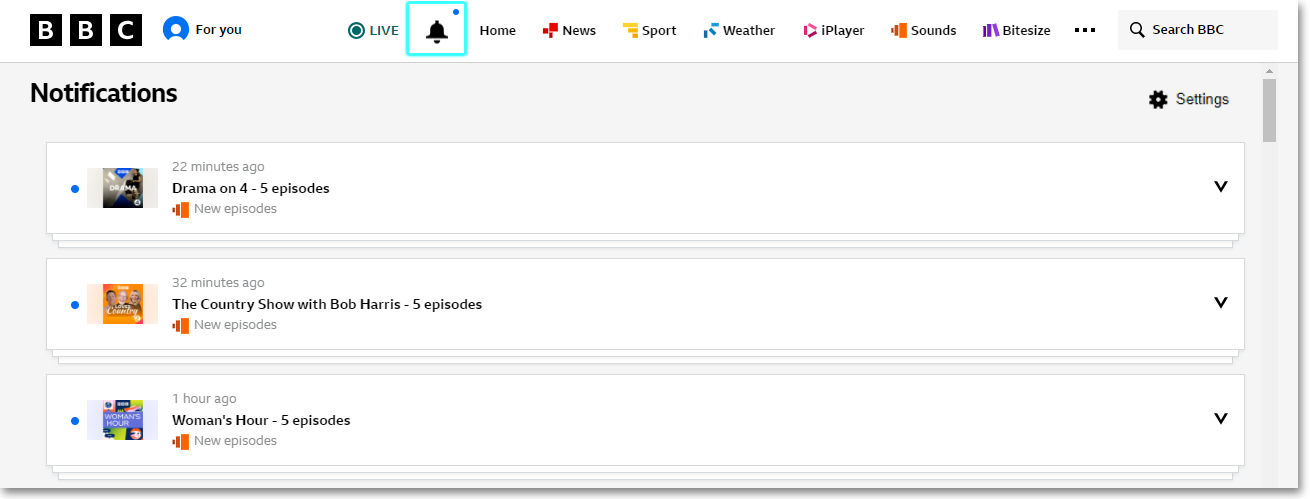 Image from the BBC website highlighting the notification bell and displaying the latest available programmes from the list of subscribed programmes