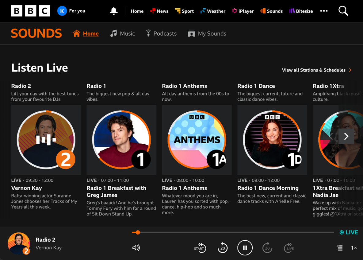 screenshot of the new Sounds website player