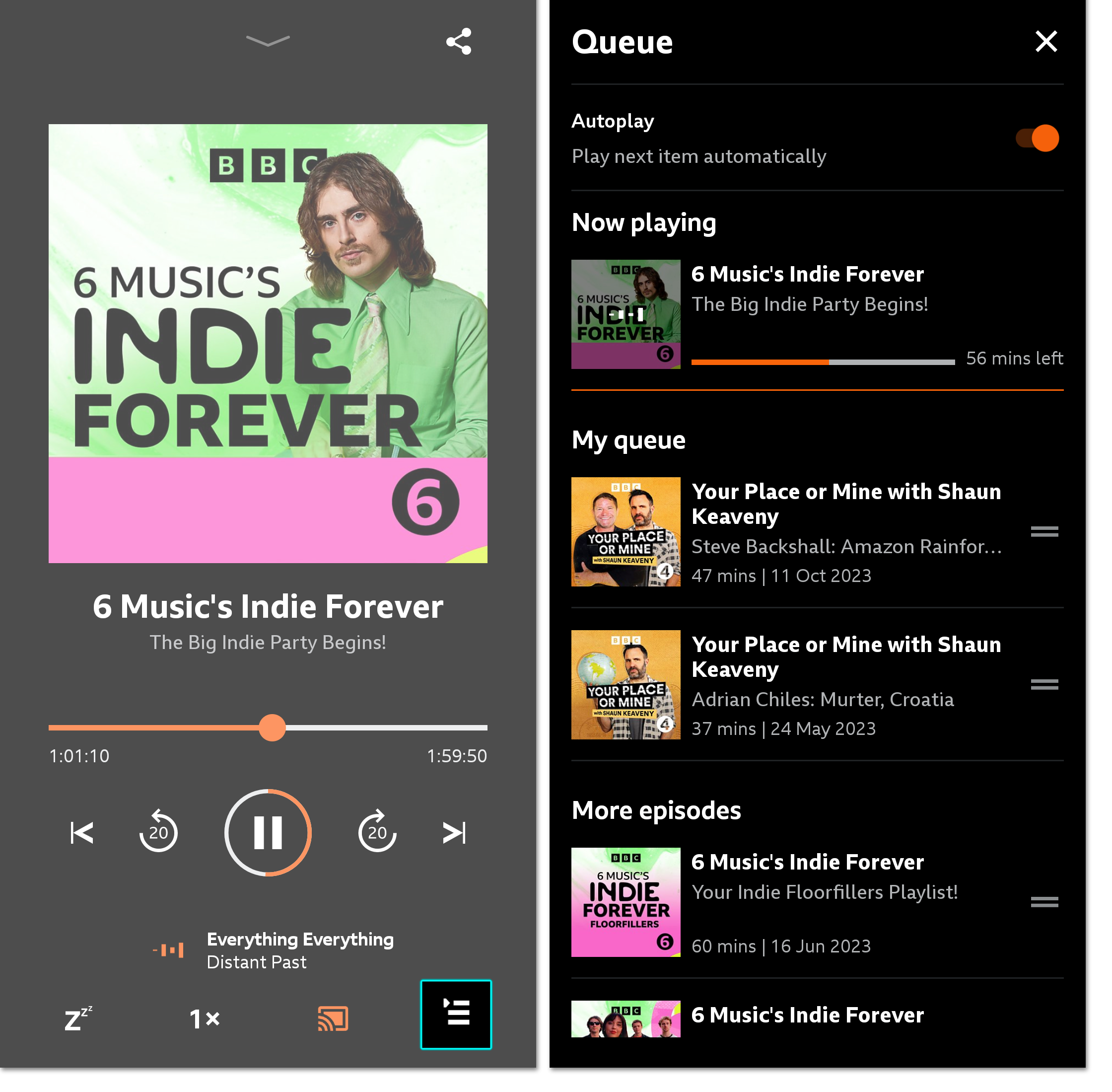 Two screenshots from the BBC Sounds mobile app. The first shows the playback screen of an on-demand programme. The Play Queue icon is highlighted on the bottom right. The Second screenshot is of the autoplay and queue page.