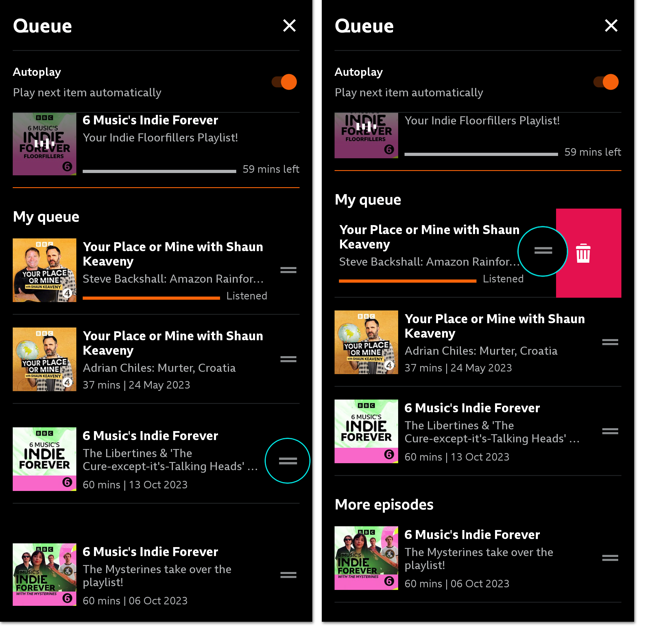 Two images from the BBC Sounds mobile app. The first is of the play queue menu with the 'hamburger' icon highlighted to show how to change the queue. The second shows one of the programmes being dragged to the left, revealing a red bin icon to remove the episode from the queue.