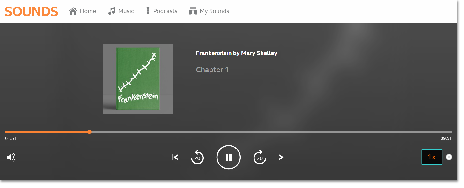 Image of the playback screen on the BBC Sounds website with the playback speed icon highlighted on the bottom right