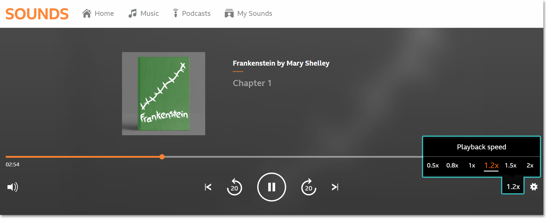 Image of the playback screen on the BBC Sounds website. The playback speed icon is selected and the playback speed options are displayed and highlighted