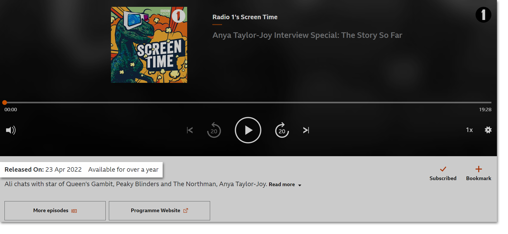 Screenshot of the playback screen on the website with the podcast availability highlighted underneath the programme