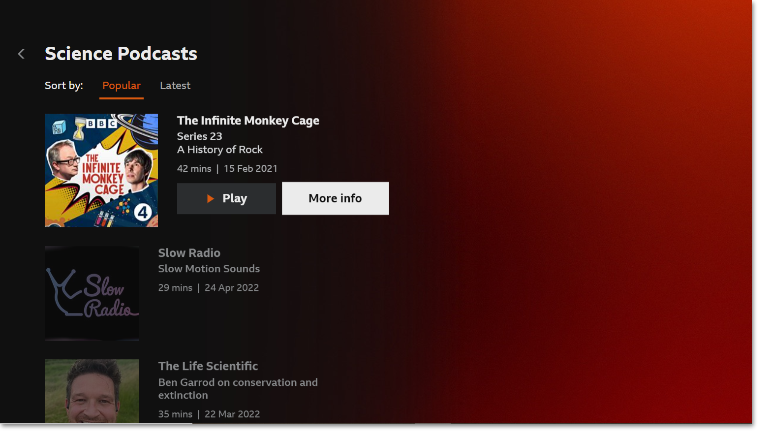Screenshot of the BBC Sounds TV app in the podcast menu highlighting the 'More info' button on an episode