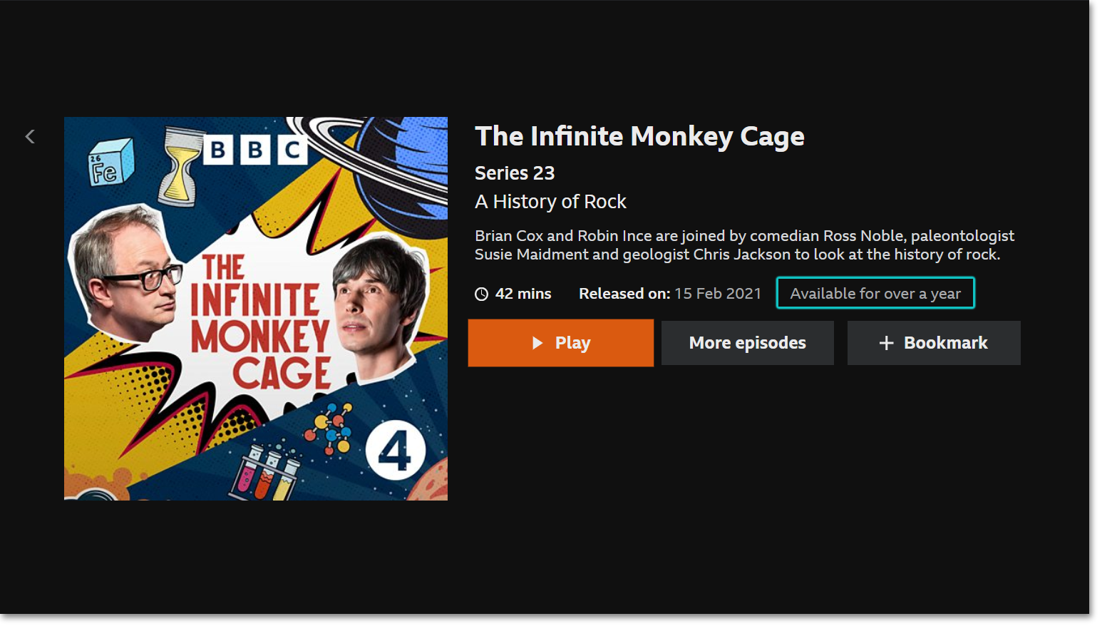 Screenshot of the BBC Sounds TV app with the 'More info' opened on an episode. The availability is highlighted