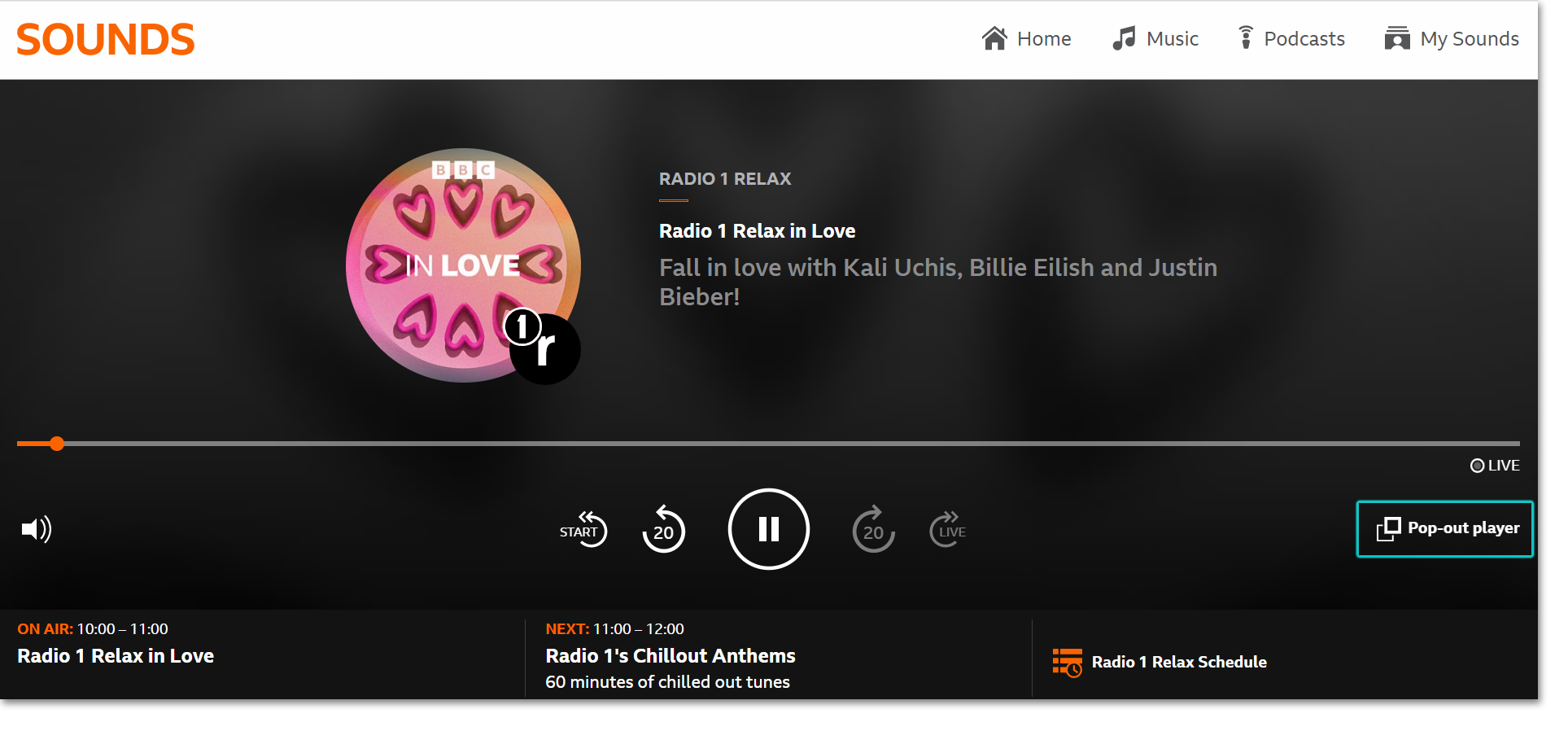 Screenshot of the live playback screen on the BBC Sounds website with the Pop-out player icon highlighted on the bottom right