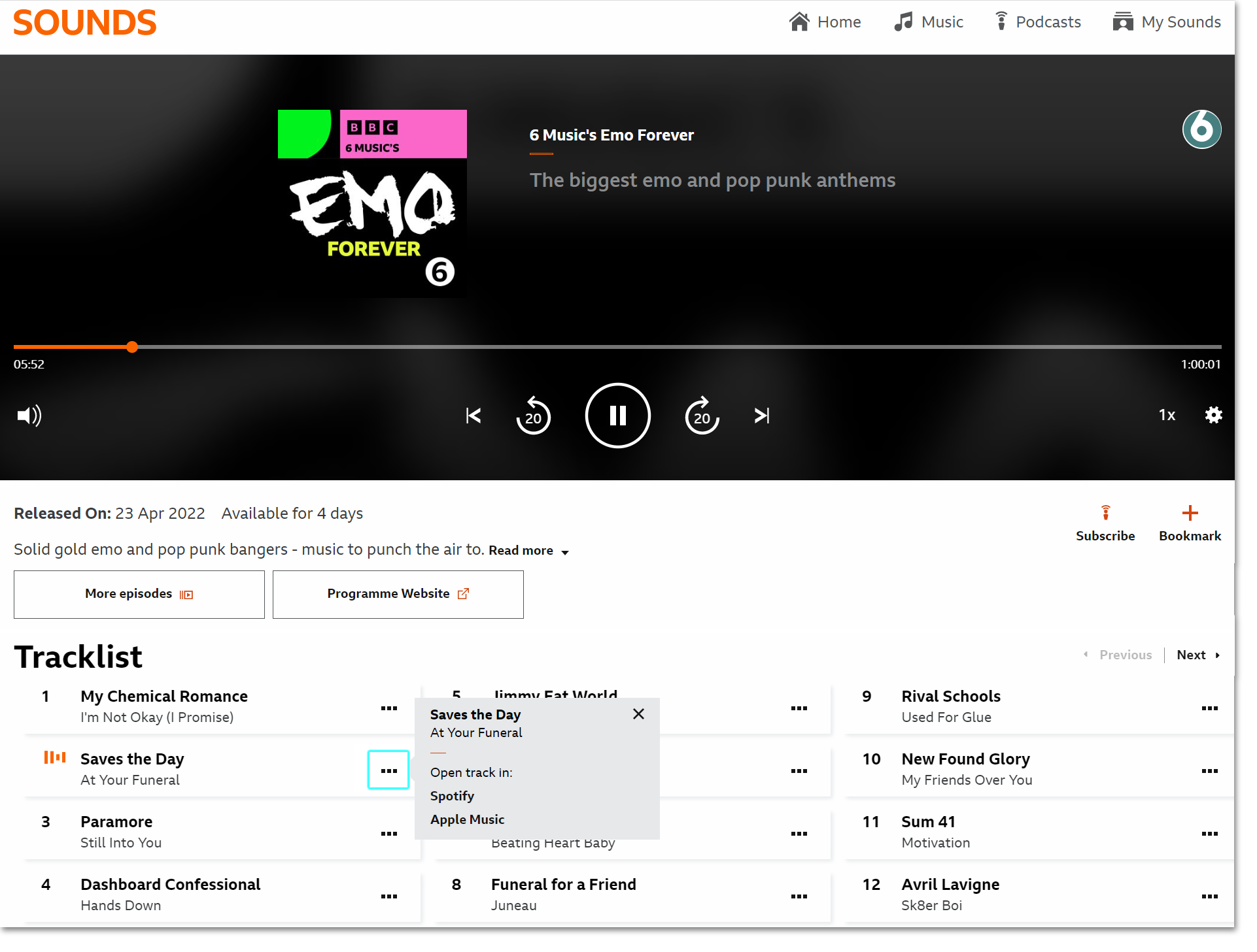 Screenshot of the playback page on the BBC Sounds website with the tracklist visible underneath and the 'Export' menu highlighted with the Spotify and Apple Music links showing in the grey export menu