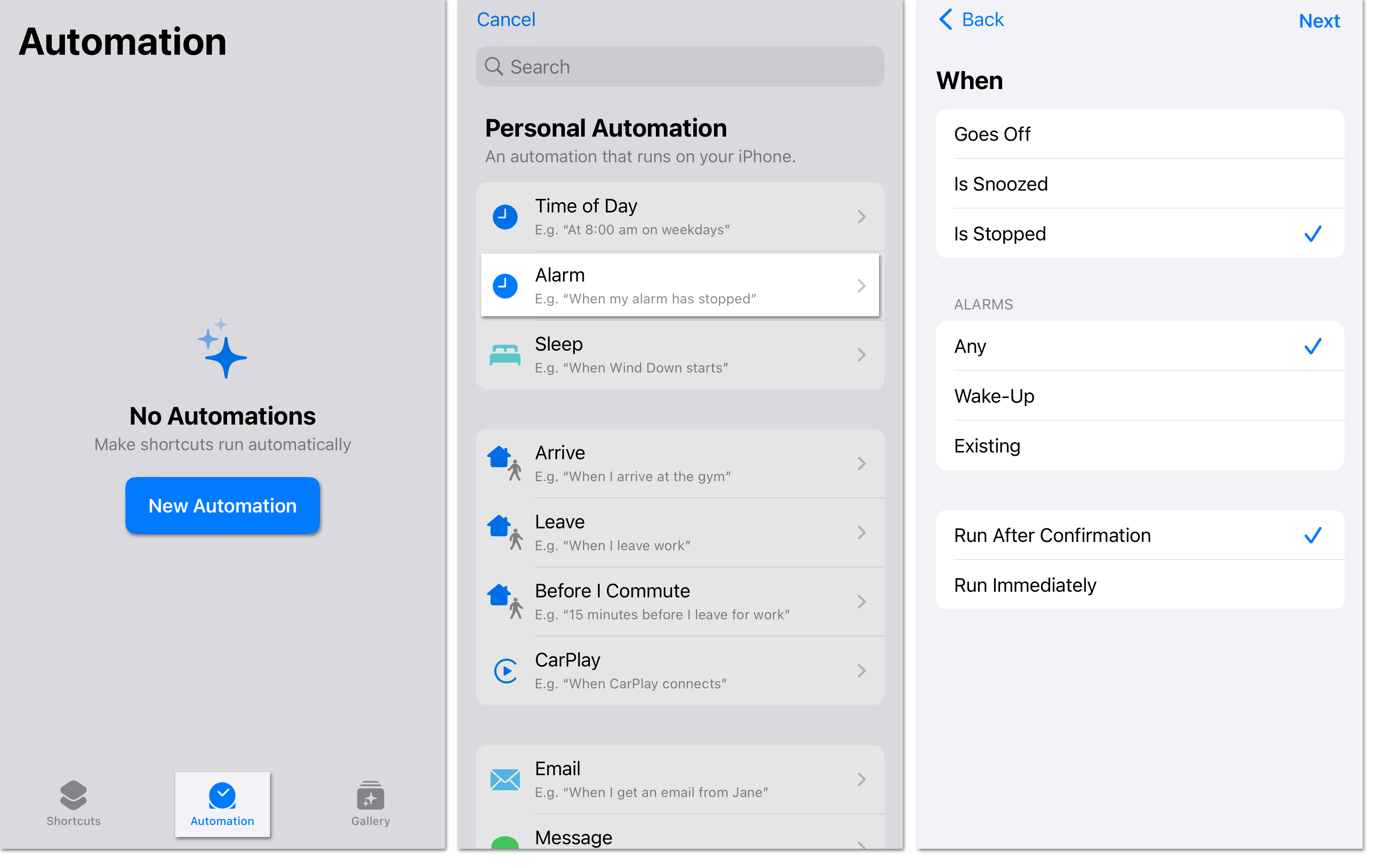 Three screenshots from the Shortcuts app on an iPhone showing the first three steps to settings BBC Sounds Siri alarm shortcut. The first Highlights the Automation tab and the New Automation button, the second highlights the Alarm option and the third shows the options screen for alarms