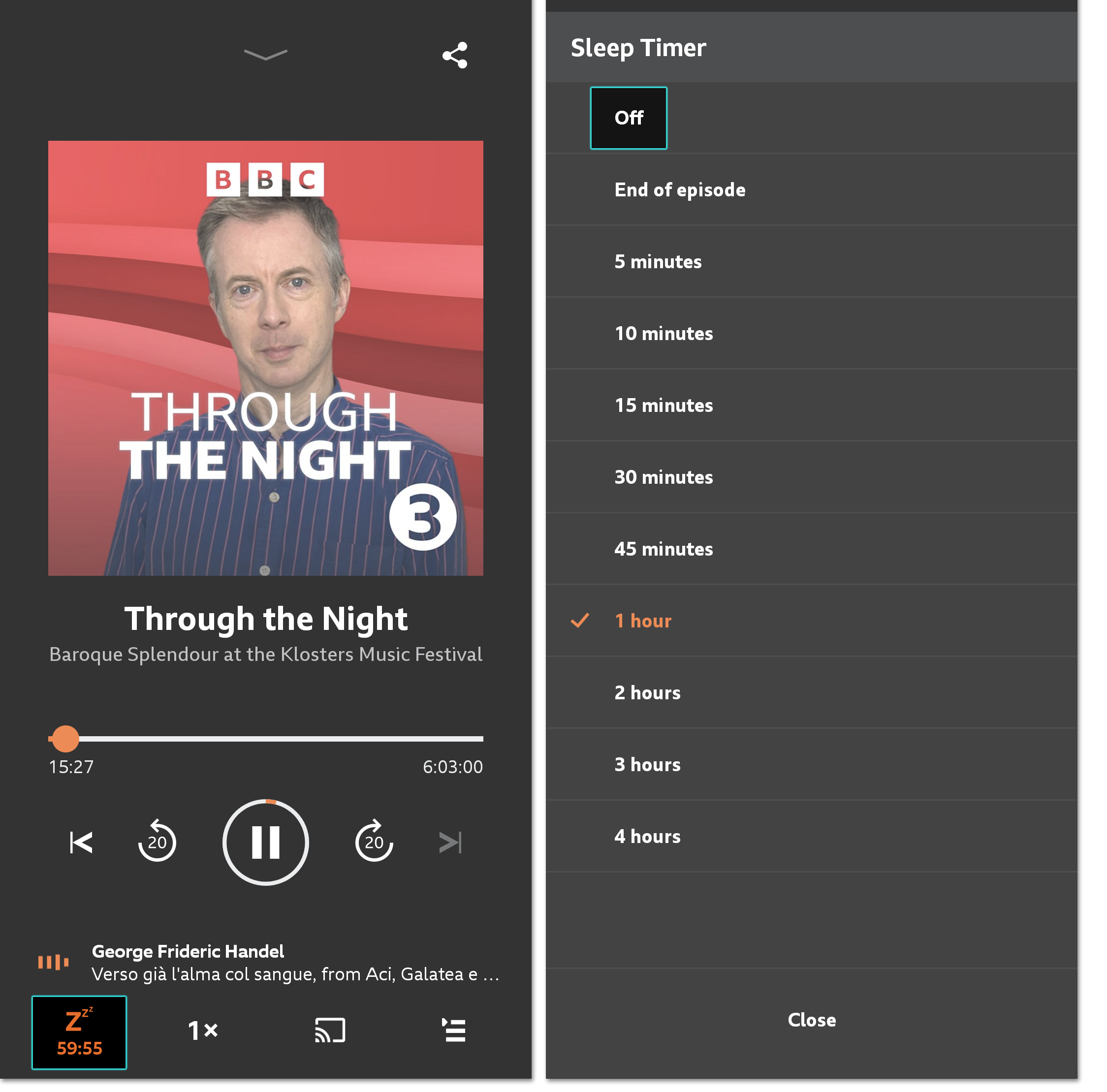 Two screenshots of the BBC Sounds mobile/tablet app. The first shows the playback screen with the sleep timer switched on. The timer and time-left is highlighted on the bottom left. The second shows the sleep timer options with the 'off' option highlighted