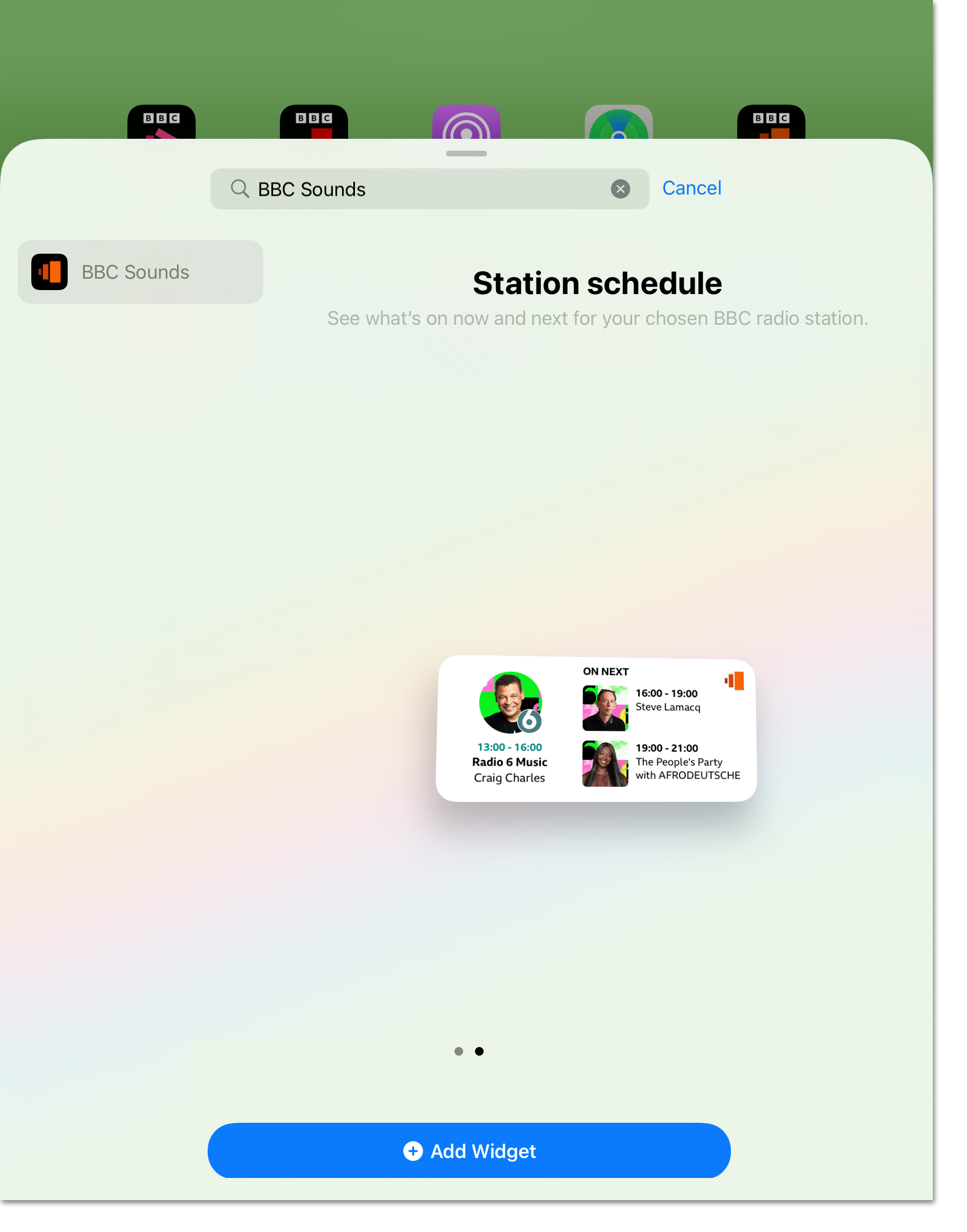 Screenshot of the BBC Sounds widgets options. The button on the bottom of the screen can be used to add the widget