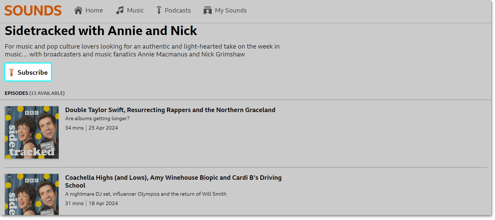 Image from the BBC Sounds website showing a programme and list of episodes. The 'Subscribe' button is highlighted at the top