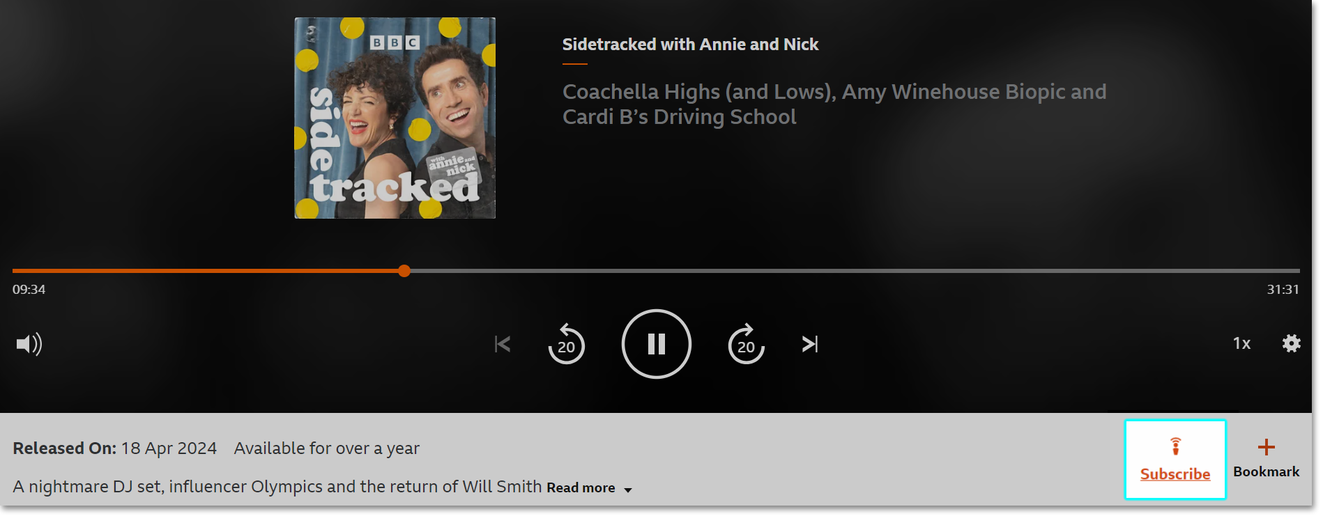 Image of the playback screen on the BBC Sounds website. The Subscribe button is highlighted underneath the playback bar.