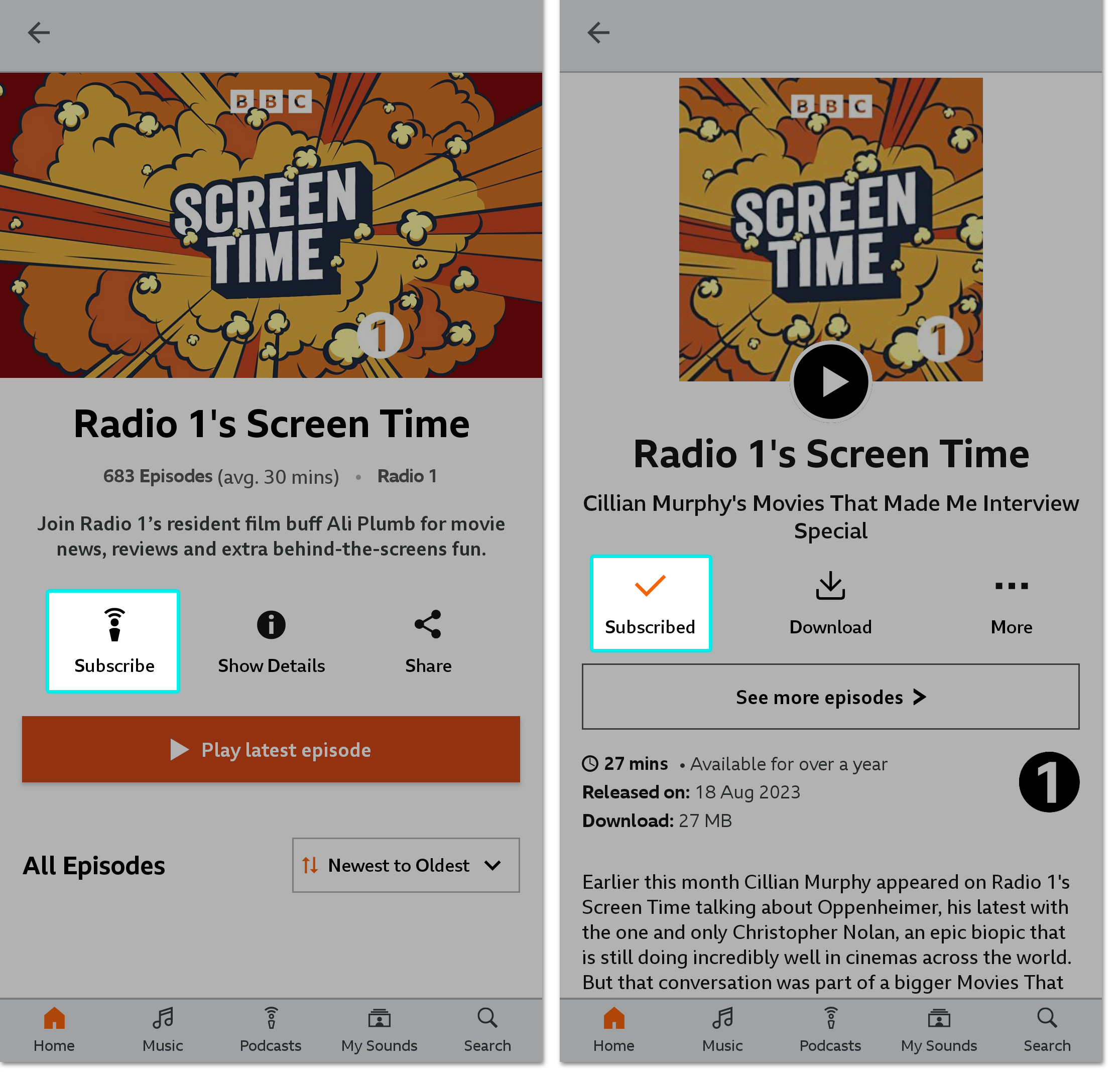 Two screenshots from the BBC Sounds mobile app. The first shows the programme page with the Subscribe icon highlighted. The second shows an episode of that programme with the Subscribed icon highlighted