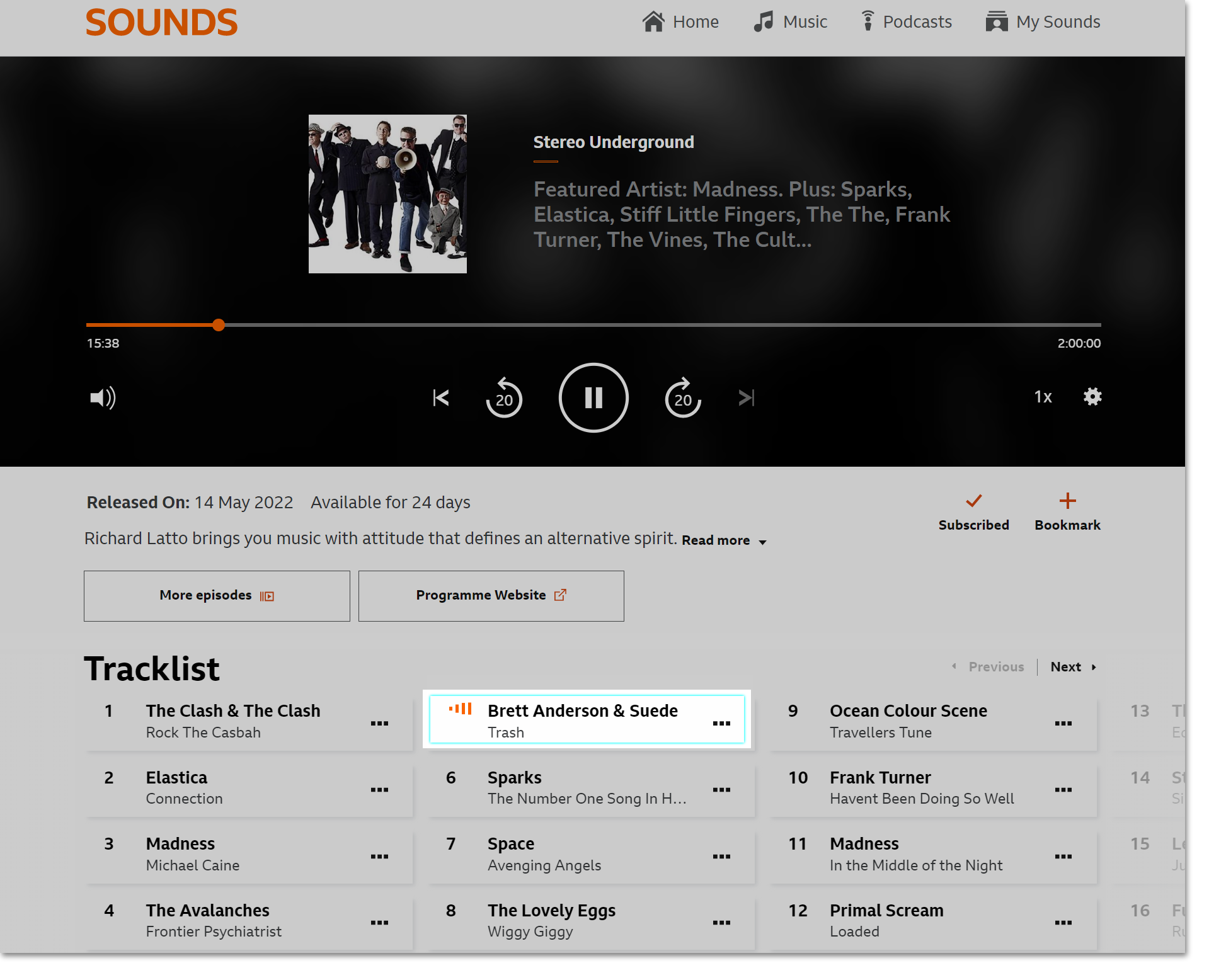 Screenshot of an on-demand programme playing on the BBC Sounds website. The tracklist can be seen underneath and the 'Now playing' track is highlighted