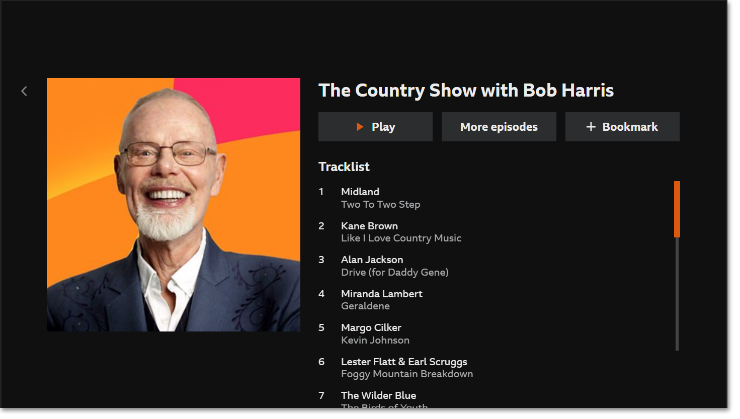 Screenshot of the BBC Sounds TV app open on the 'More info' page on a programme. The tracklist is displayed beneath the programme title and description