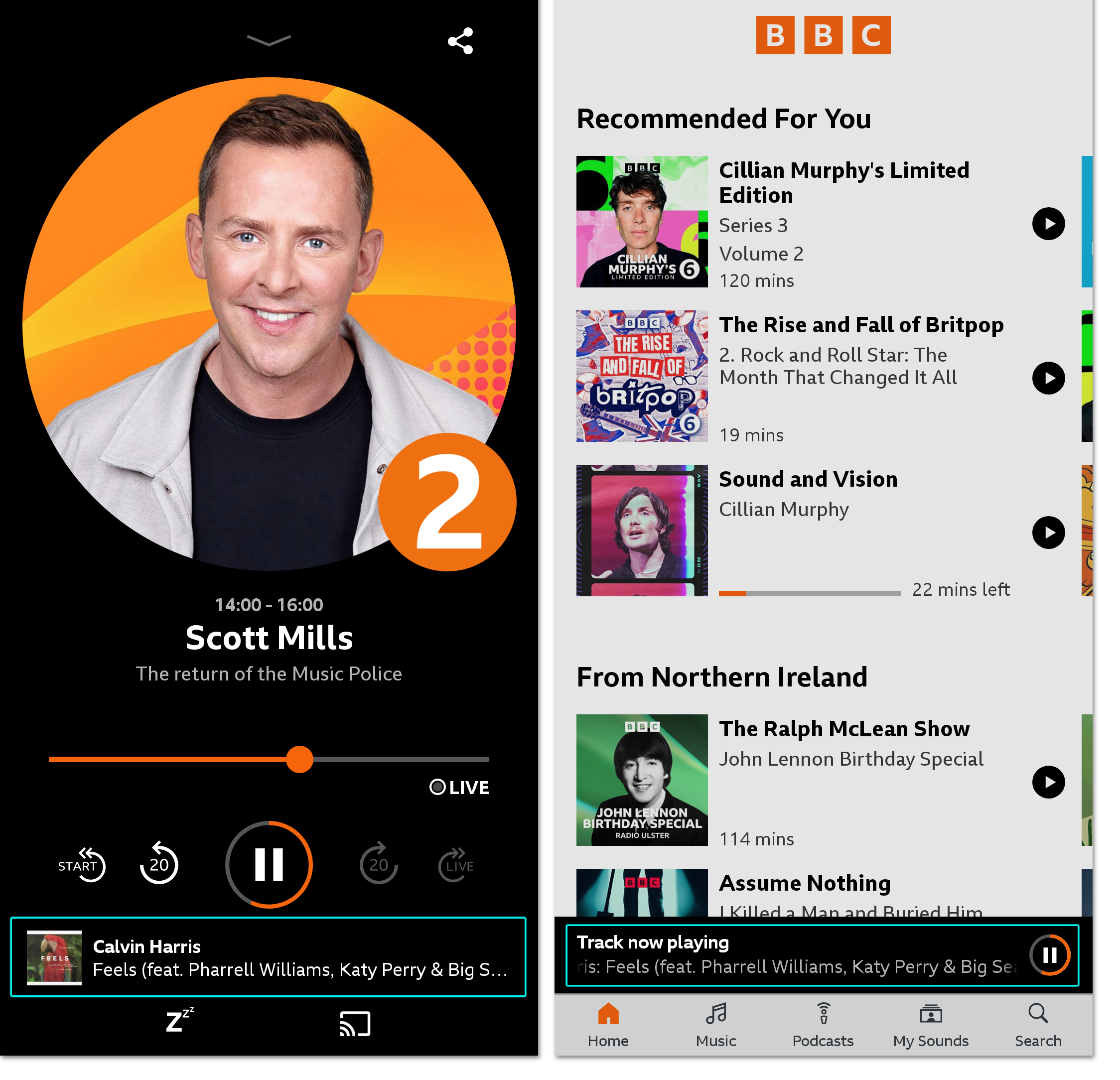 Images from the BBC Sounds mobile app. The First shows the playback screen for a liv programme. The 'Now playing' track is highlighted. The second image is of the BBC Sounds app with the live playback minimised. The 'Now playing' track is highlighted on the playback bar at the bottom.