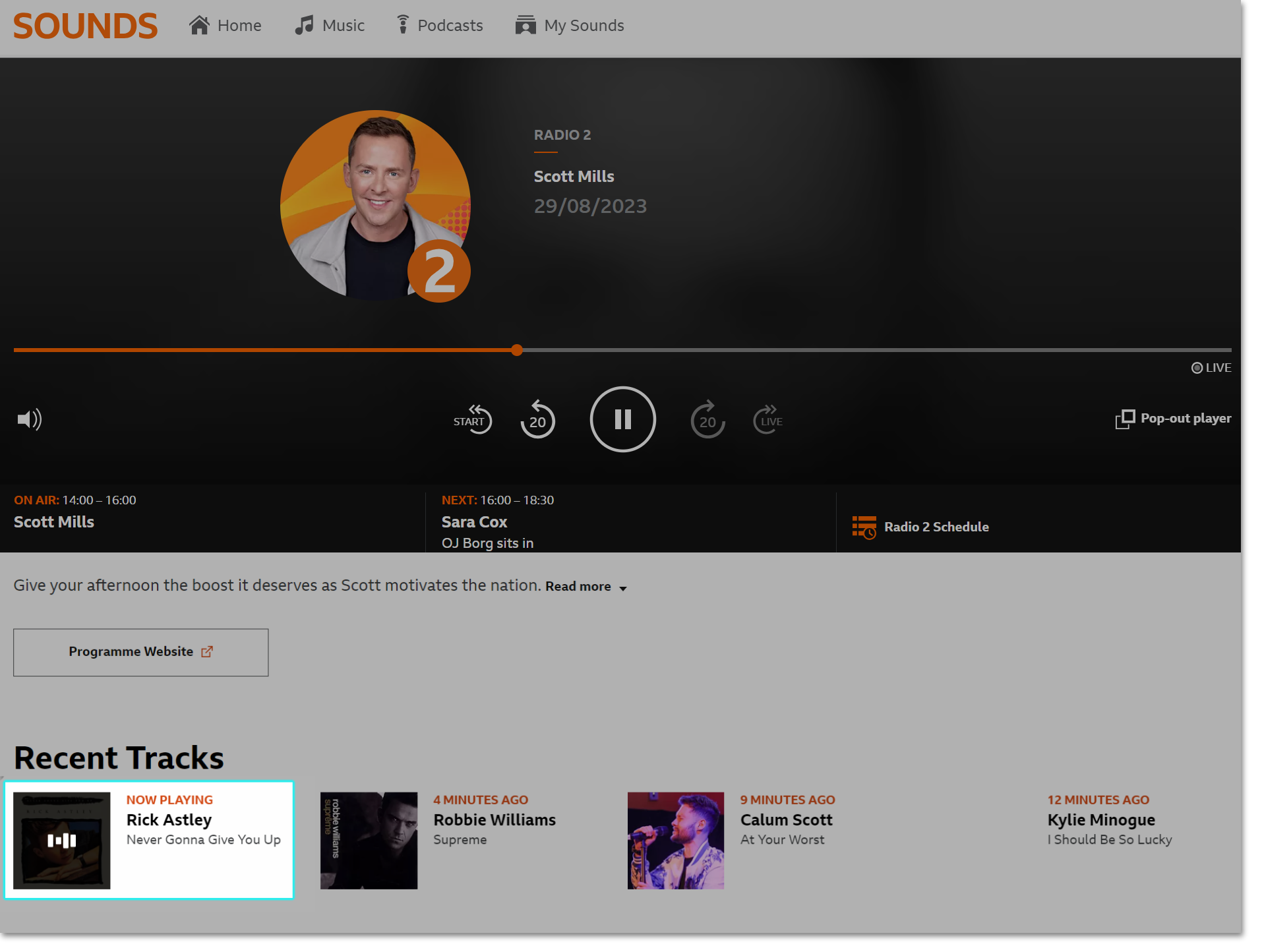 Image of the live playback screen on the BBC Sounds website with the recent tracks displayed and the 'Now playing' track highlighted