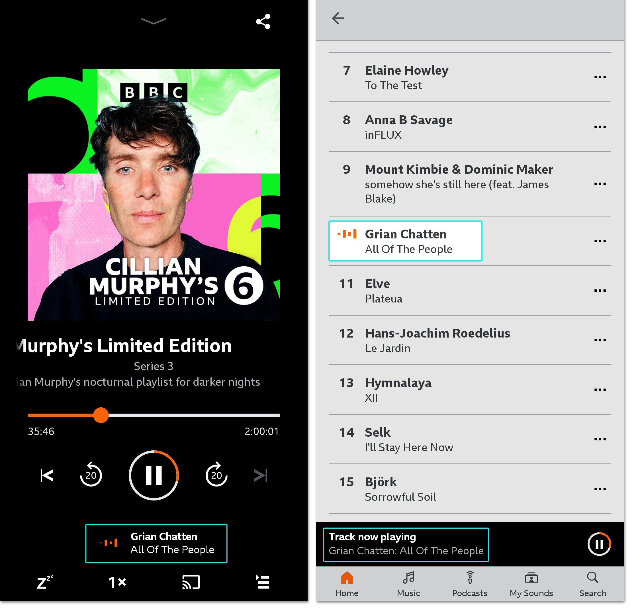 Two screenshots from the BBC Sounds mobile app. The first is of the playback screen when listening to an on-demand programme. The currently-playing track is highlighted. The second shows the track listing for that episode. The 'Now playing' track is highlighted both on the track list and on the playback bar at the bottom of the screen.