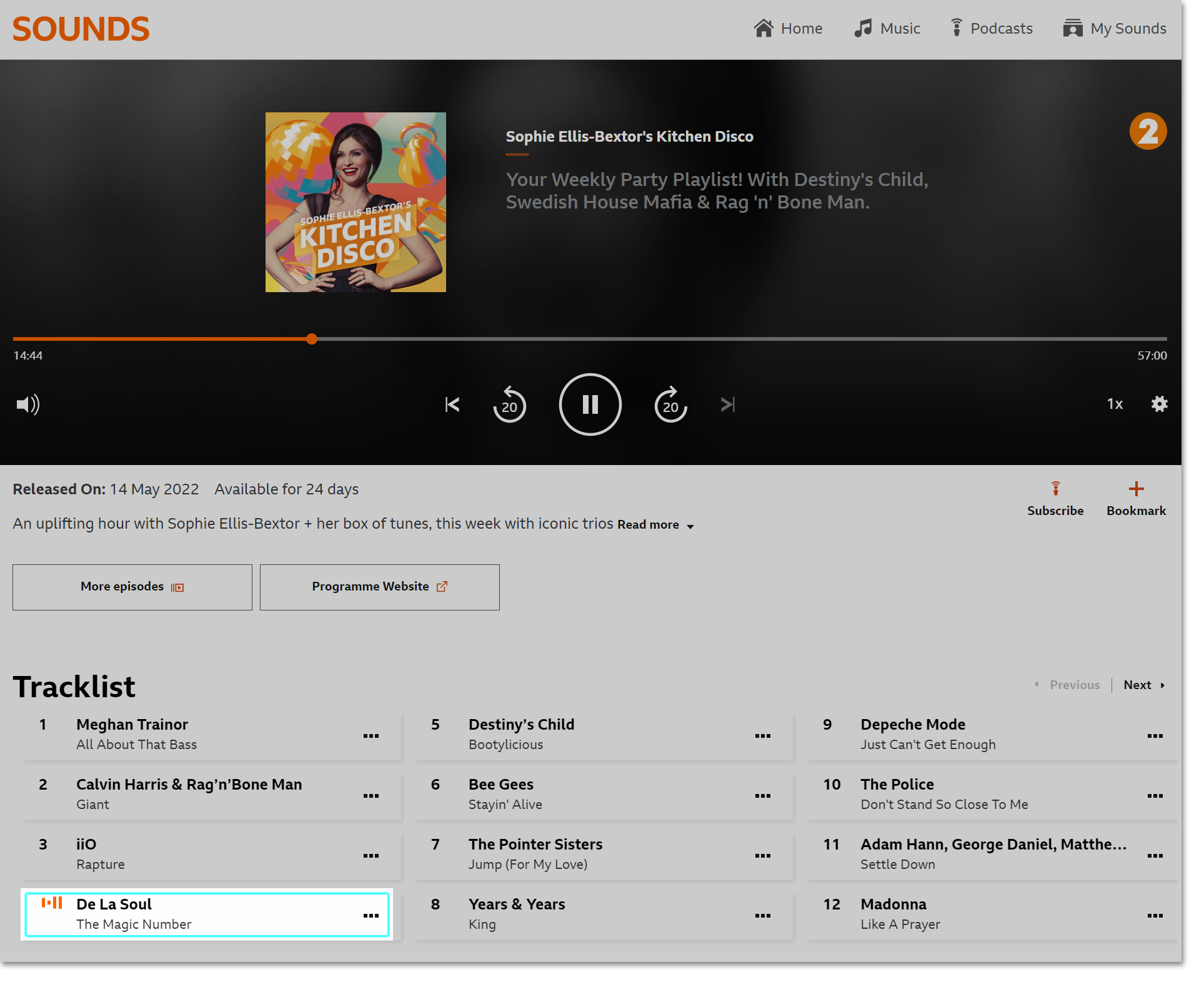 Screenshot of the on demand playback page on the BBC Sounds website with the now playing track highlighted from the tracklist below