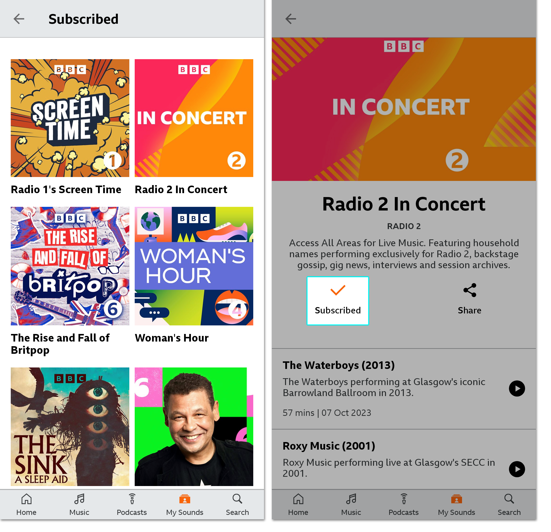 Two images of the BBC Sounds mobile app. The first shows the Subscribed page within My Sounds and the second is of a programme that has been subscribed to with the orange subscribed tick' highlighted as tapping on this will unsubscribe.