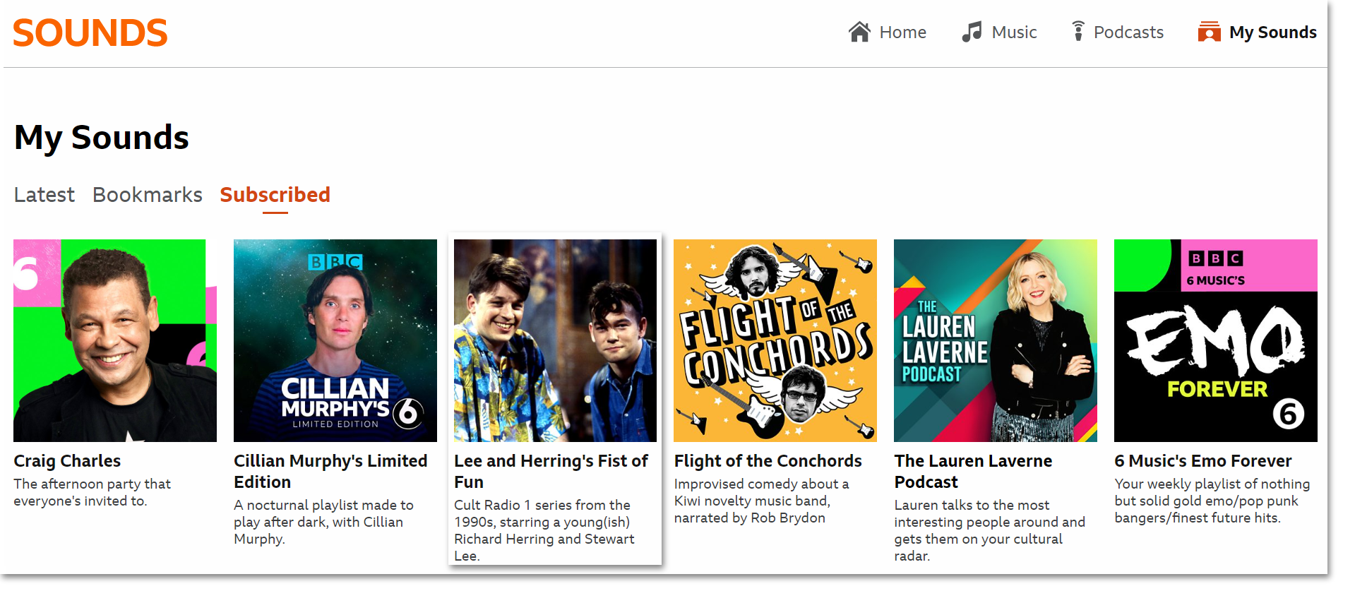 Screenshot of the BBC Sounds website open on the My Sounds - Subscribed page. One programme is highlighted.