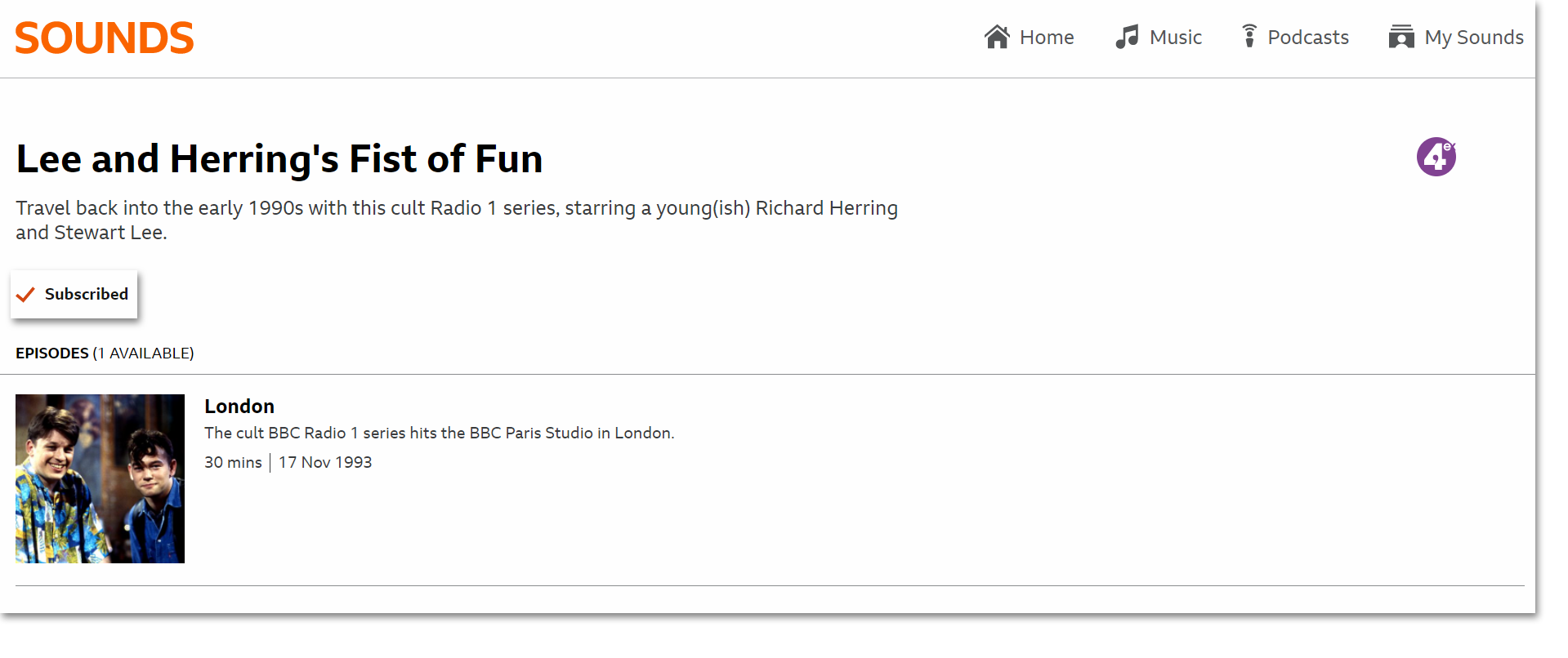 Screenshot of the programme page on the BBC Sounds website with the 'Subscribed' button highlighted on the top left. The same button is used to unsubscribe.