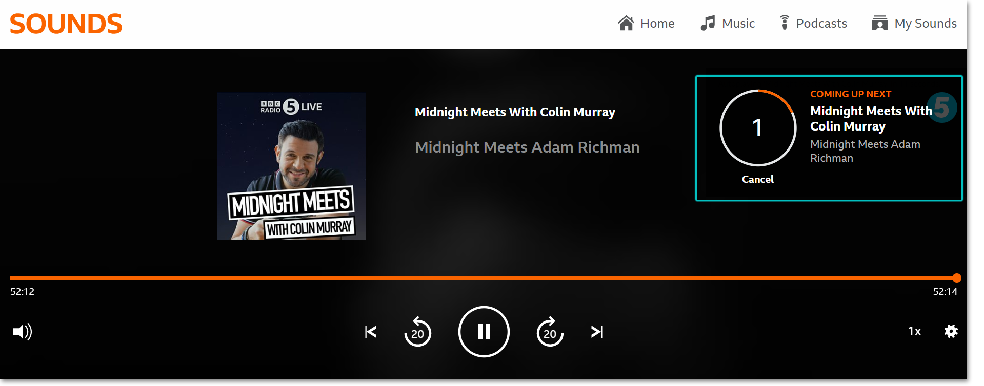 Screenshot of the playback page on the BBC Sounds website. The programme is almost over and the 'up next' countdown on the top right is highlighted