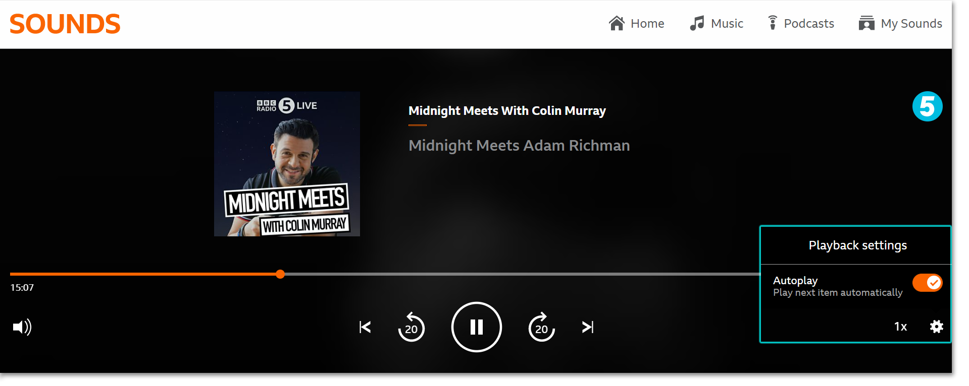 Screenshot of the playback screen on the BBC Sounds website. The Setting cog on the bottom right has been selected and the autoplay option is highlighted