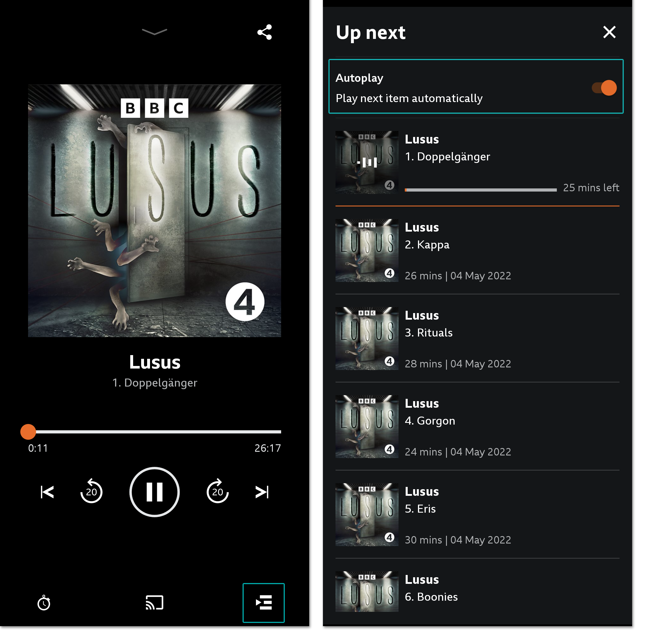 Two screenshots of the BBC Sounds mobile app. The first shows the playback screen with the Queue icon highlighted on the bottom right. The second shows the play queue with the autoplay toggle highlighted at the top