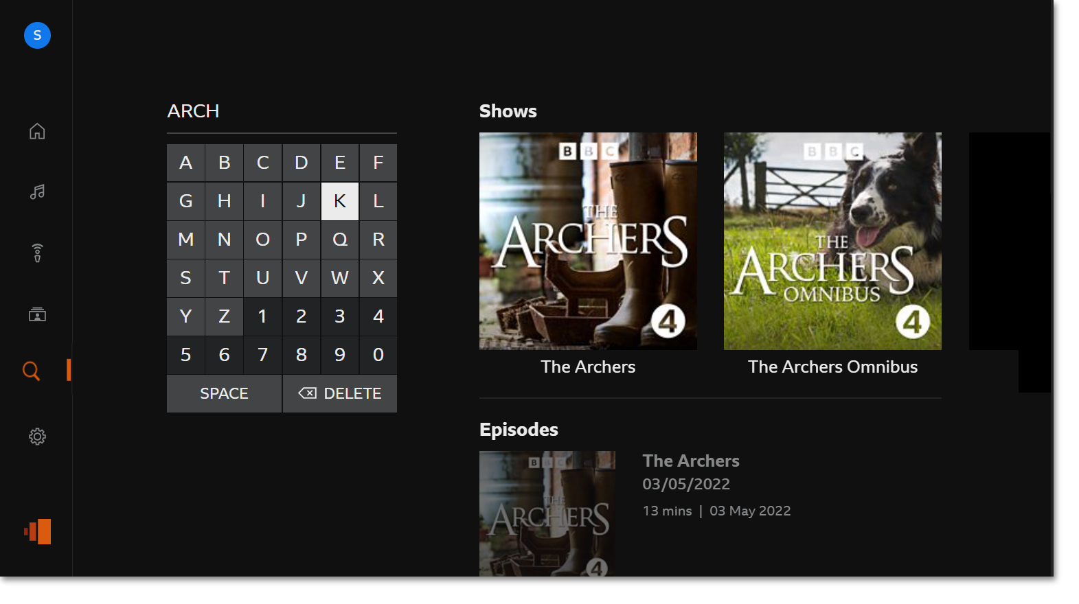 Screenshot of the Search page on the BBC Sounds TV app. The user is searching for Archers and the search has returned two programmes and the episodes are listed below
