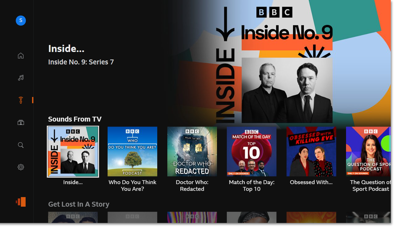 Image of the Podcasts menu on the BBC Sounds TV app